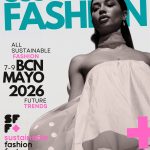 Poster promoting Sustainable Fashion Fest with a bold teal typography backdrop and a black-and-white model in a draped outfit.