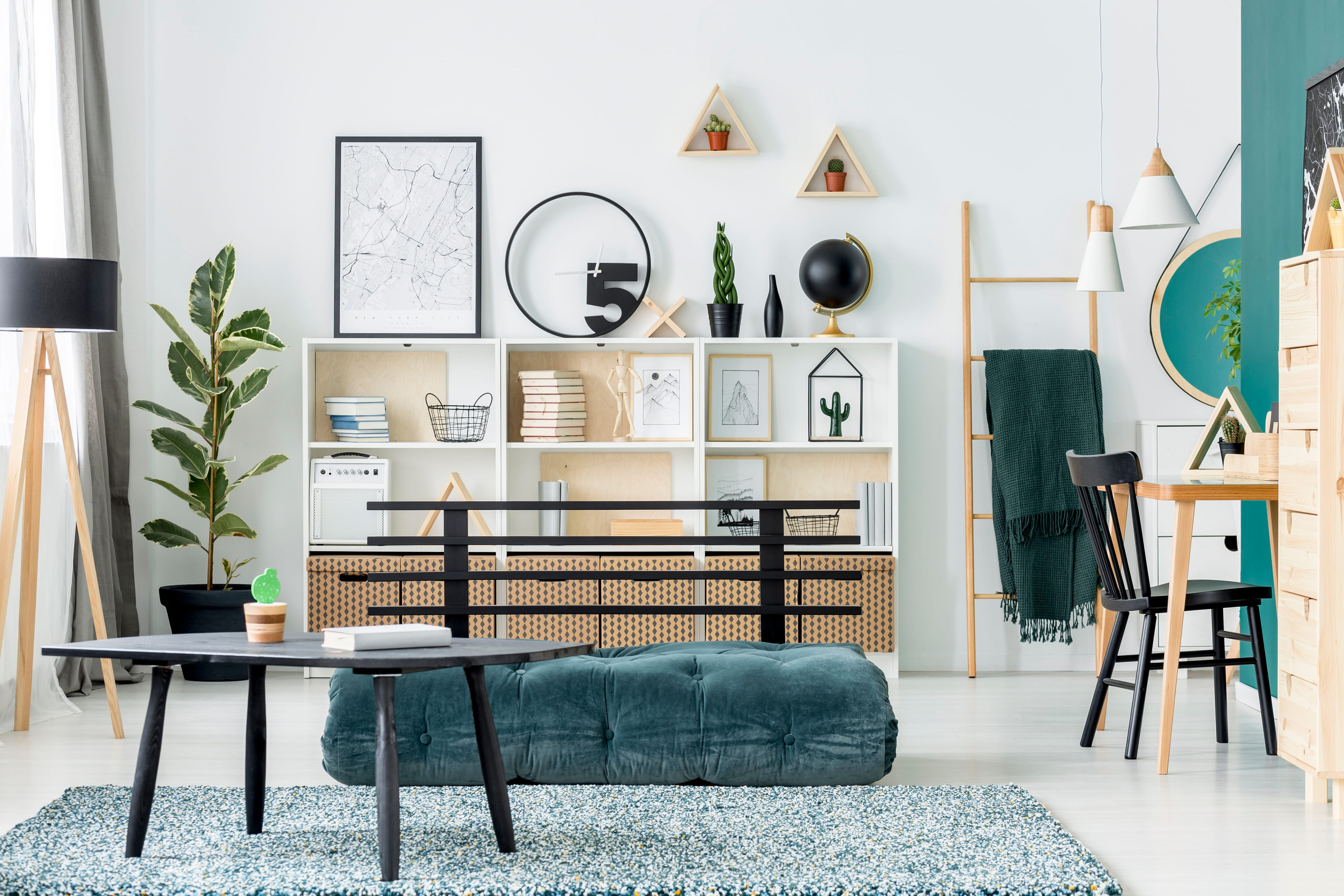 Modern living room with white shelving unit, wall art, plants, and a black coffee table centerpiece.