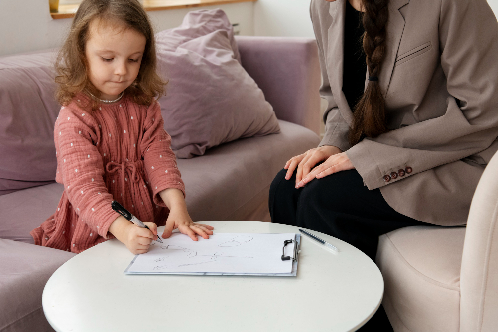 A young girl in a pink polka-dot dress draws with a marker on a clipboard at a small round table, with an adult woman seated beside her on a sofa.