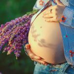 Pregnant belly cradled by hands, wearing a blue striped shirt with red flowers, outdoors with a purple flower bouquet nearby