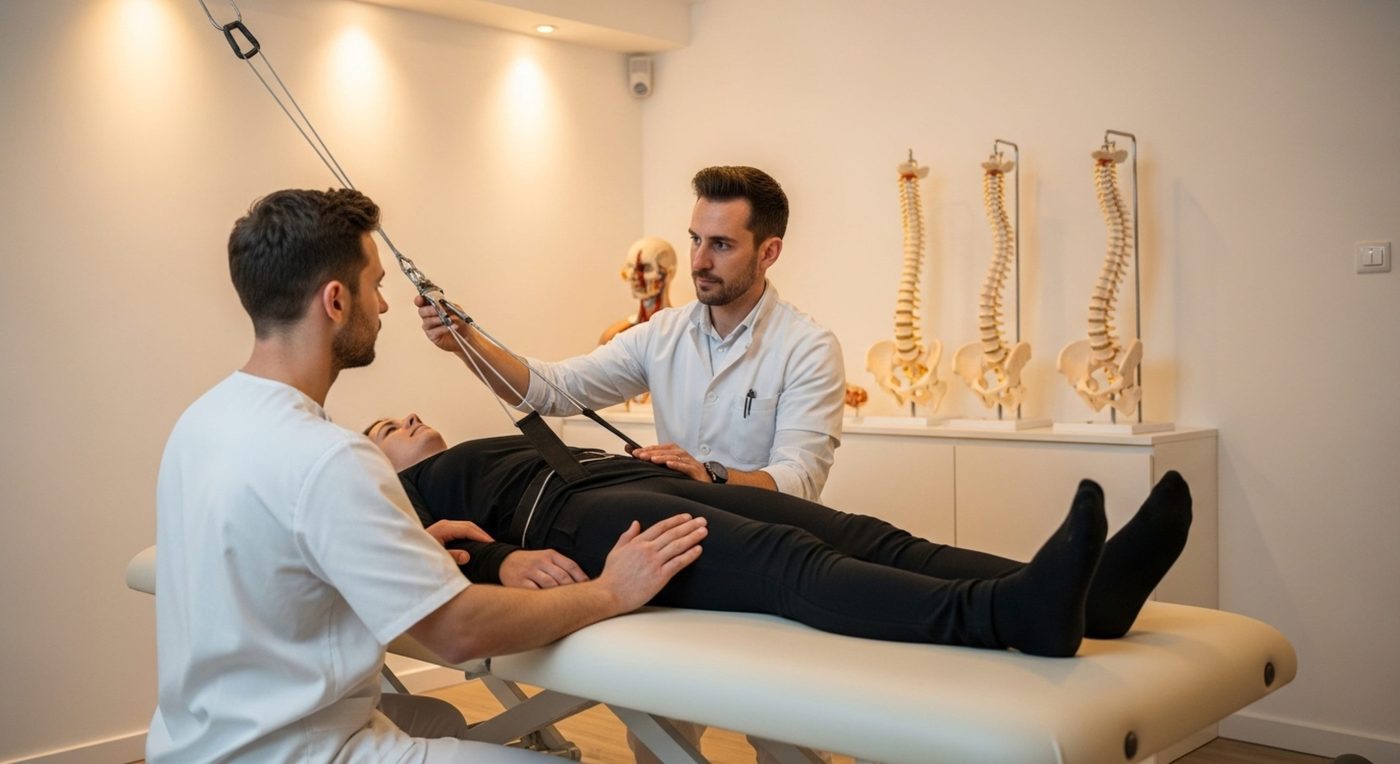 Healthcare Services Concept with Professional Medical Care and Patient Support - Revista DeBelleza.Es Physiotherapists apply traction to a patient lying on a treatment table in a clinic.