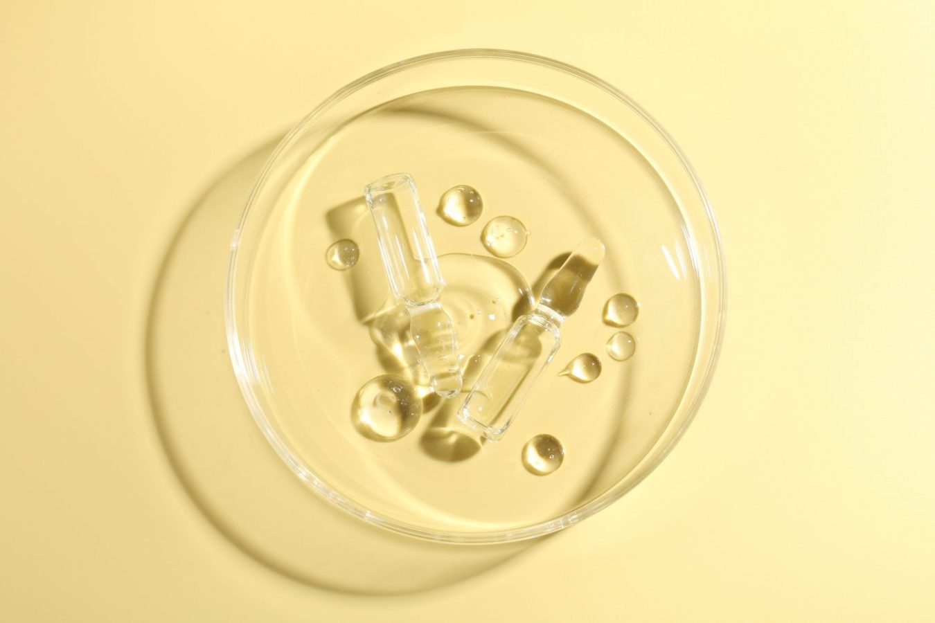 Glass ampoules with liquid and Petri dish on yellow background top view - Revista DeBelleza.Es