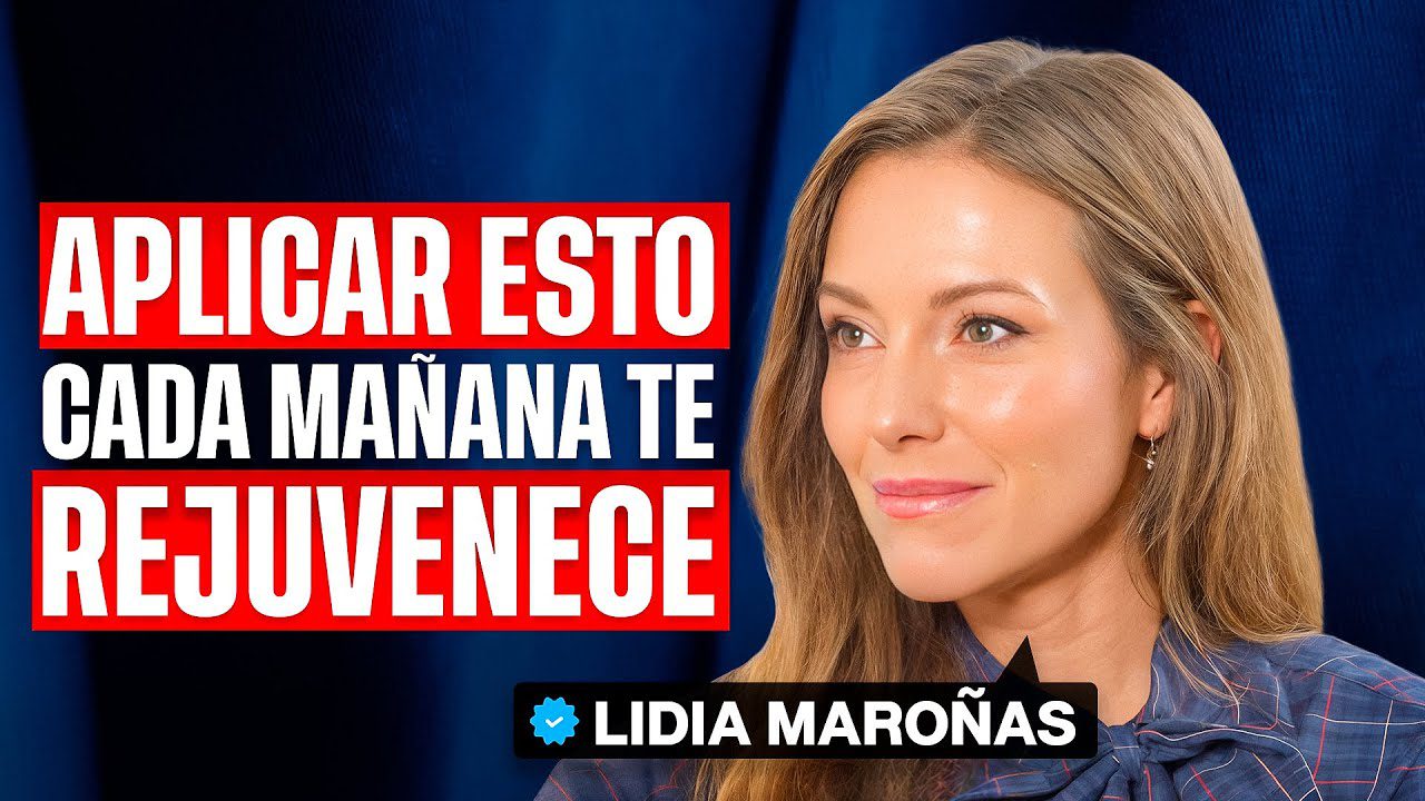 Video thumbnail: Lidia Moroñas smiling on the right with bold red-and-white Spanish text 'Aplicar esto cada mañana te rejuvenece' on the left.